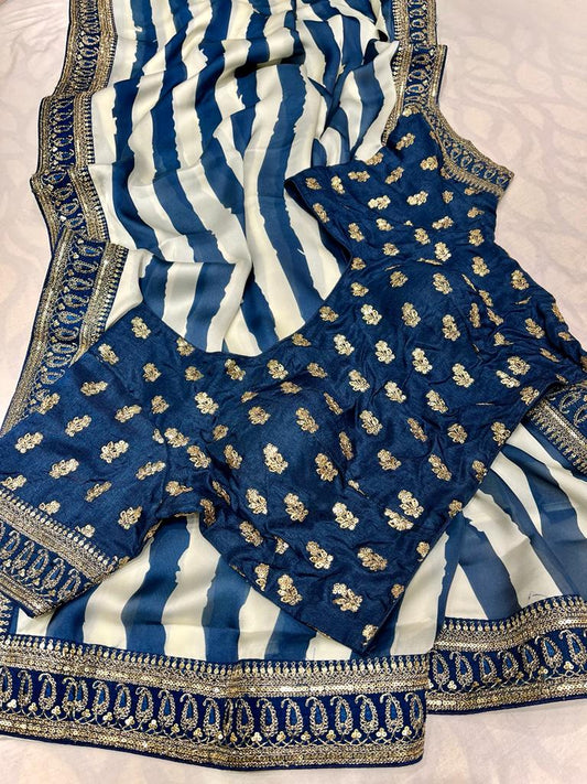 Satin striped zardosi saree - Saffronfashionindia