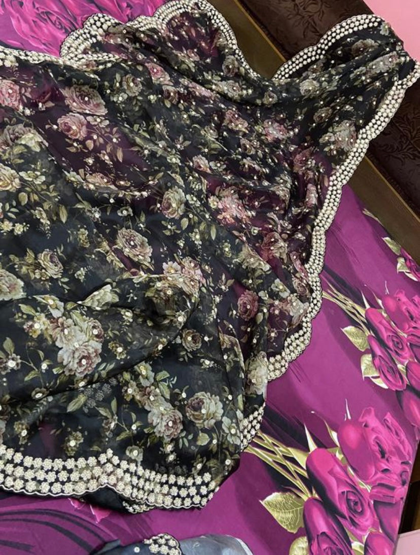 Black organza saree - Saffronfashionindia