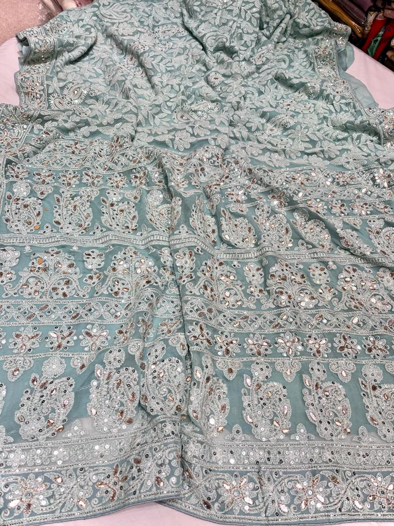 Mahira gorgette Chikankari saree - Saffronfashionindia