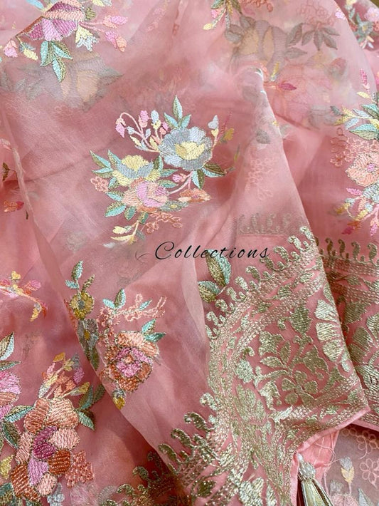 Pink organza embroidery saree - Saffronfashionindia