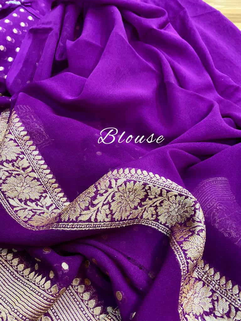 Handwoven Banarsi purple gorgette saree - Saffronfashionindia