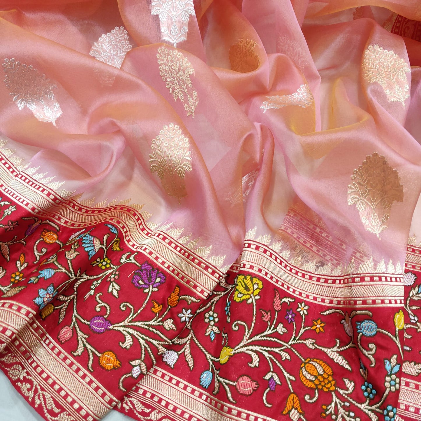 Kora silk peach handwoven saree - Saffronfashionindia