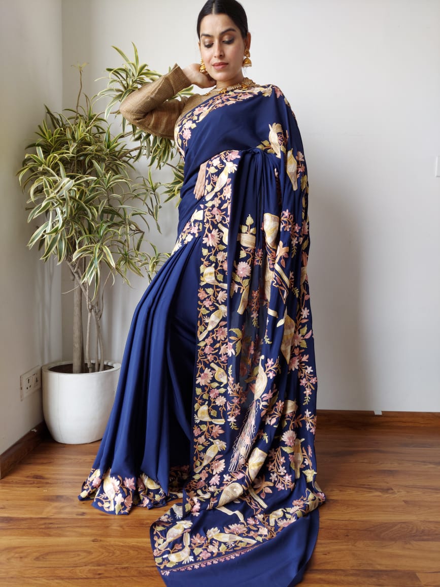 Beautiful Kashmiri Embroidery Work Georgette Saree | Saree designs party  wear, Elegant saree, Stylish sarees