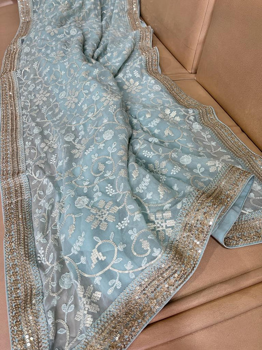 Nimil Chikankari gorgette saree - Saffronfashionindia