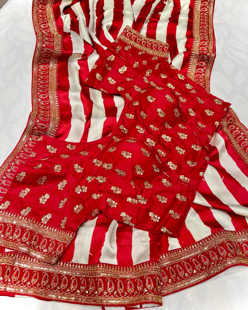 Satin striped zardosi saree - Saffronfashionindia