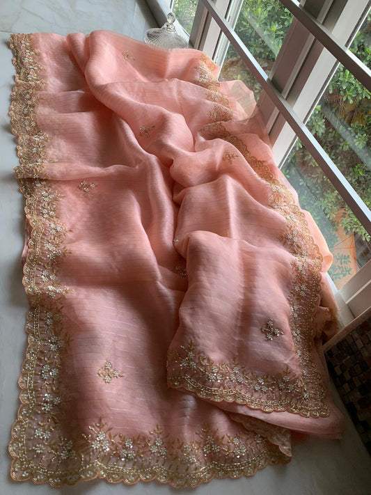 Peach saree organza saree Partywear sarees - Saffronfashionindia