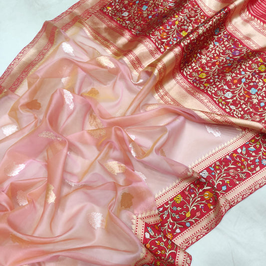 Kora silk peach handwoven saree - Saffronfashionindia