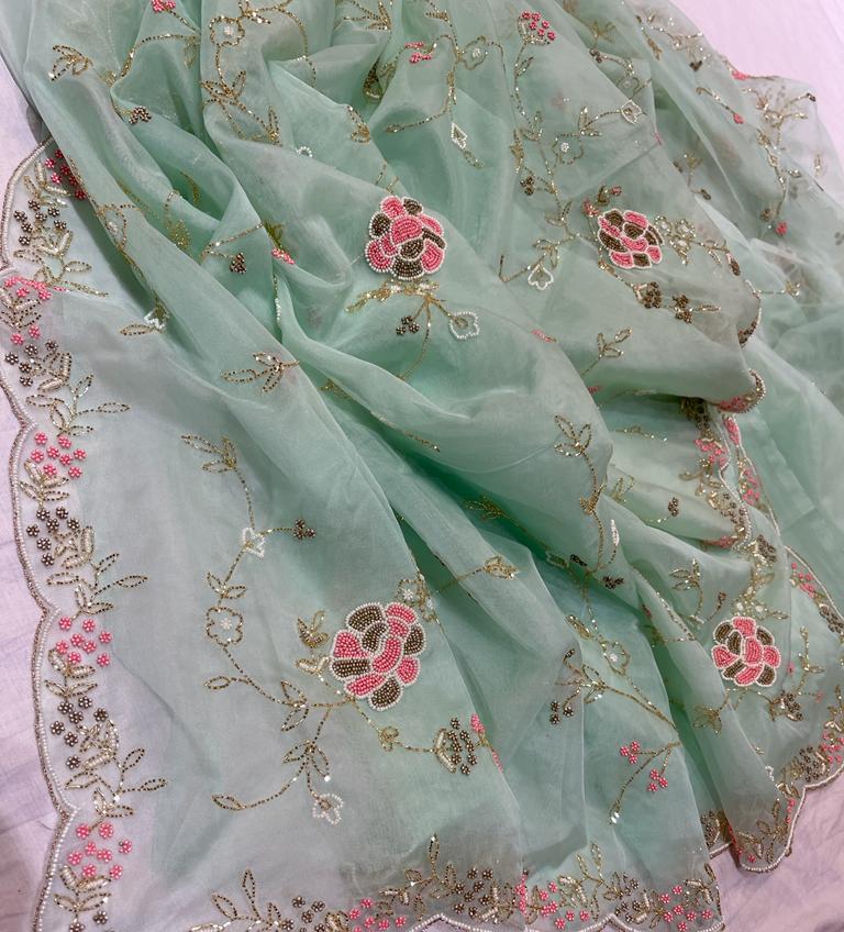 Pearl organza zardosi saree - Saffronfashionindia