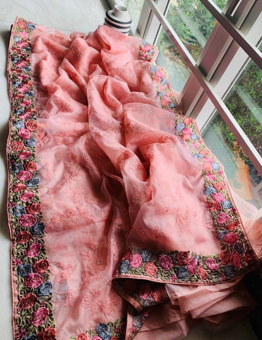 Pink organza embroidery saree - Saffronfashionindia