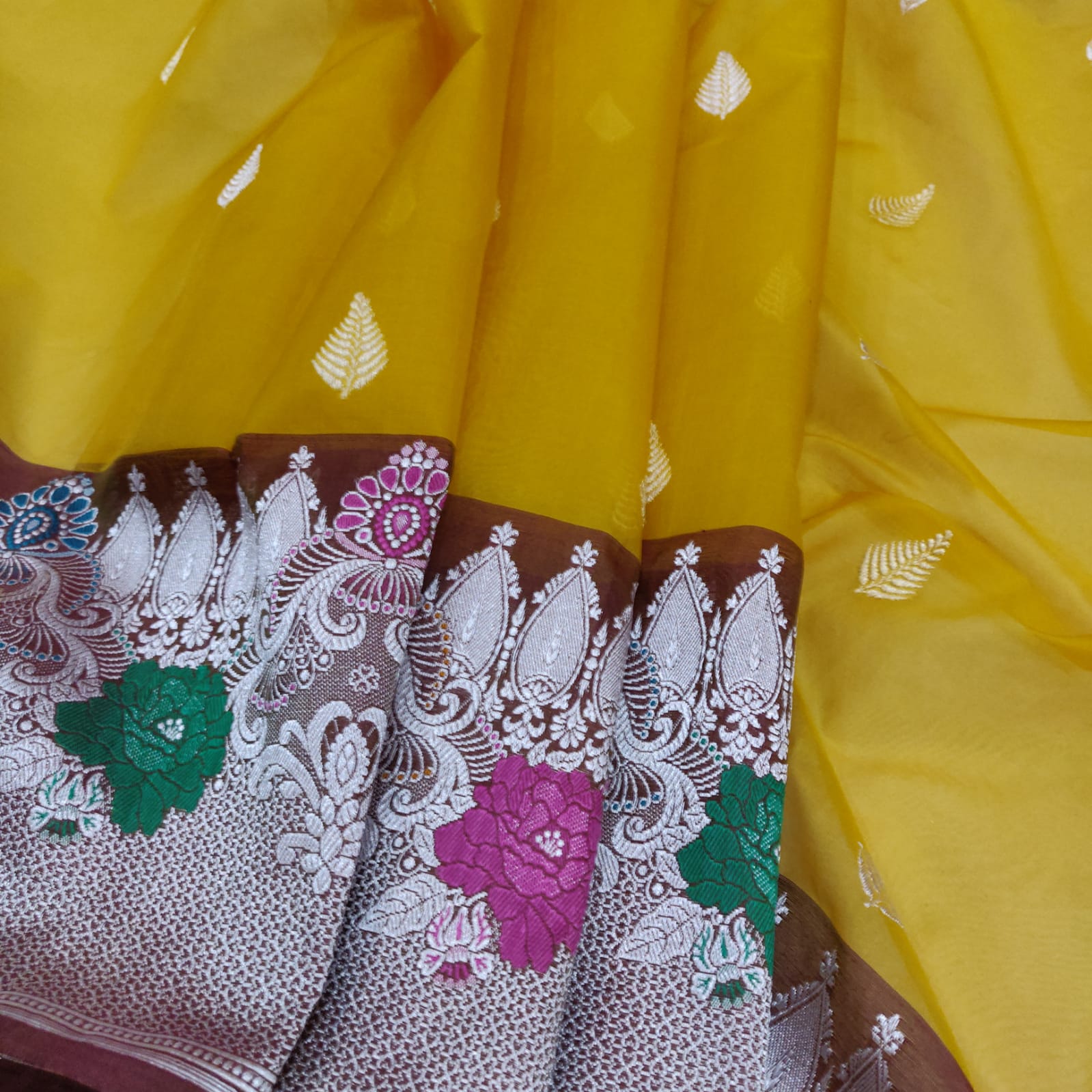 Mustard kora handwoven saree - Saffronfashionindia