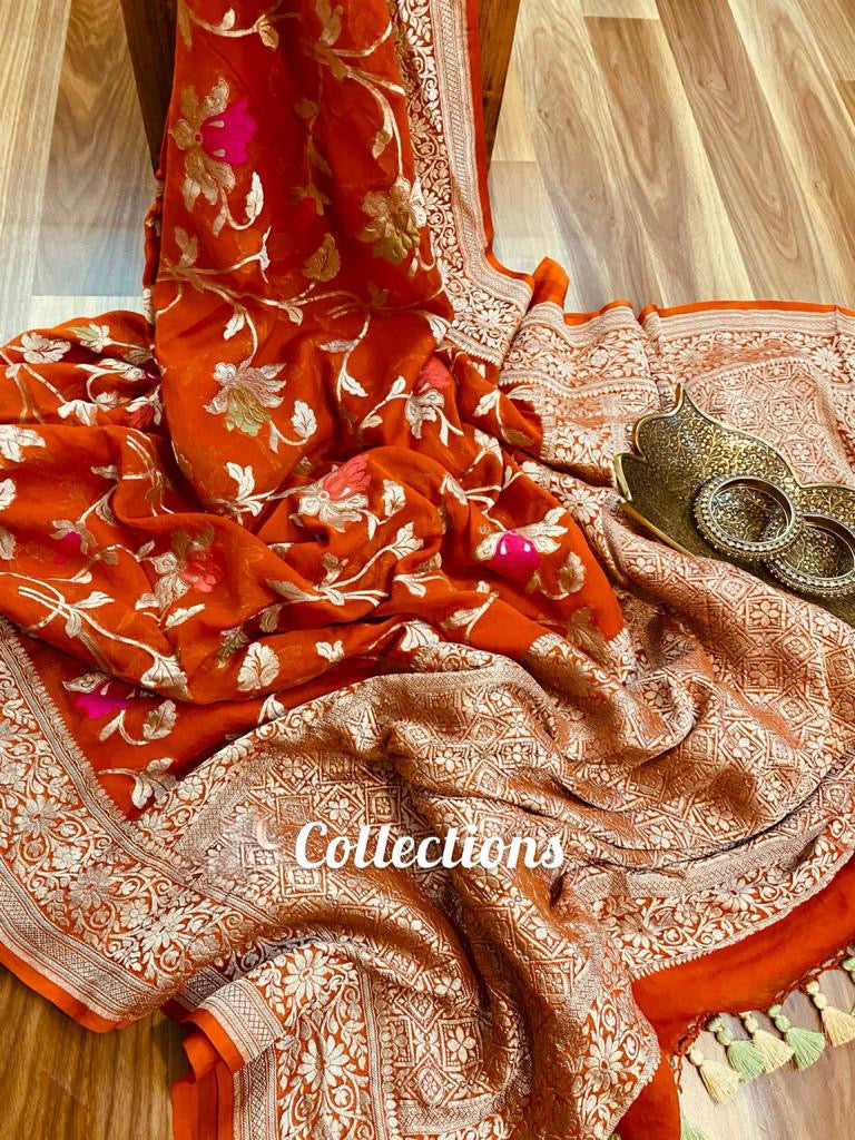Orange handwoven Banarsi saree - Saffronfashionindia
