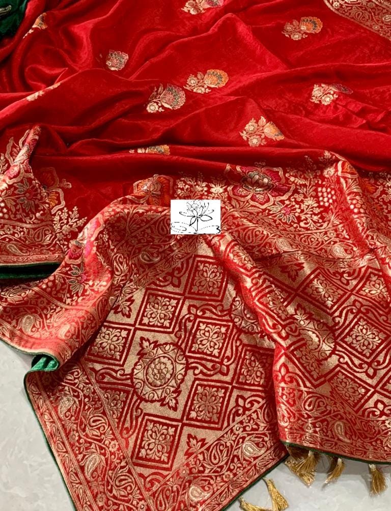 Red banarsi moonga saree - Saffronfashionindia