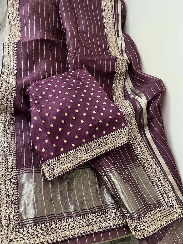 Ruhafza striped organza sequins saree party wear saree blouse - Saffronfashionindia