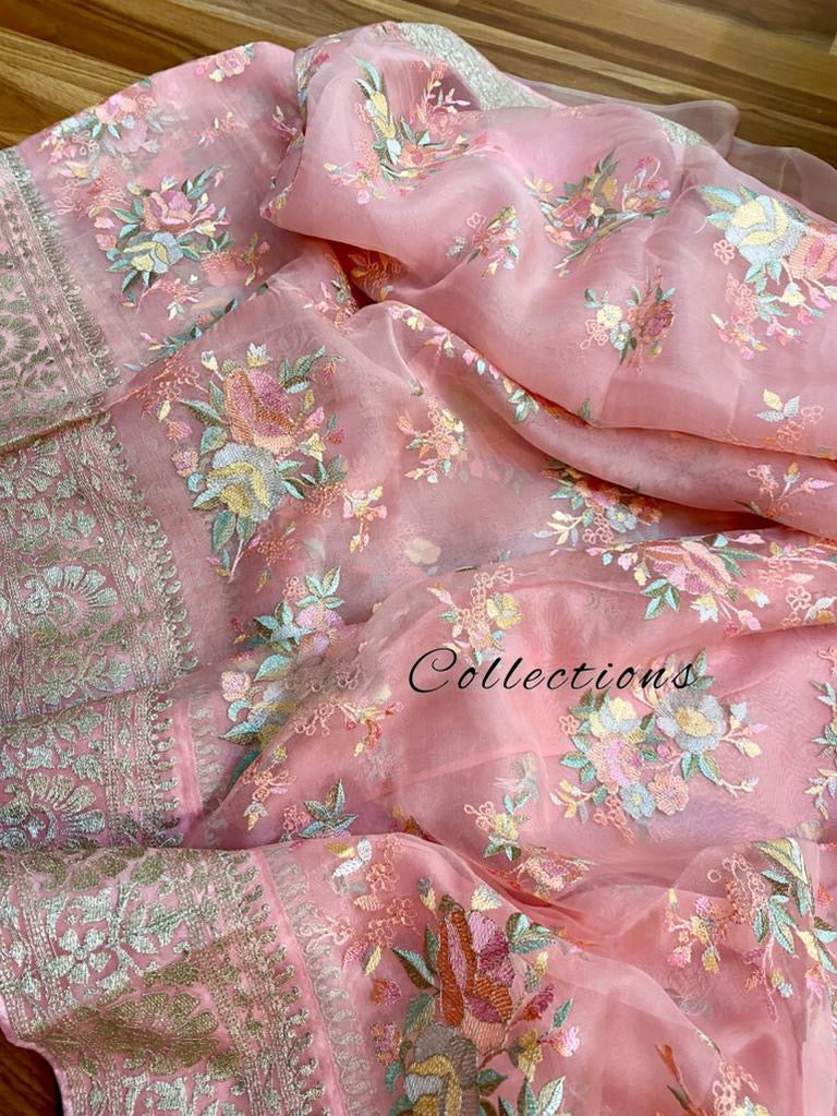 Pink organza embroidery saree - Saffronfashionindia