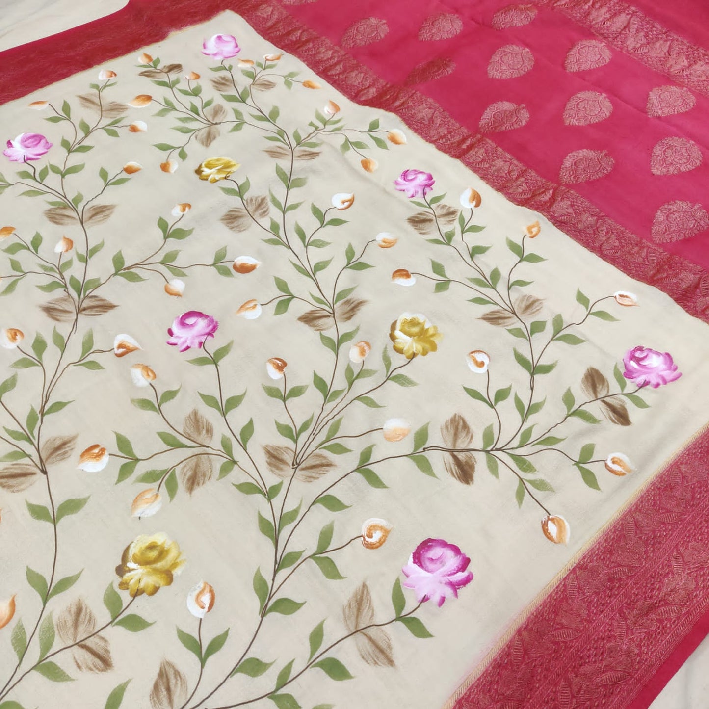 Floral tussar handwoven saree - Saffronfashionindia