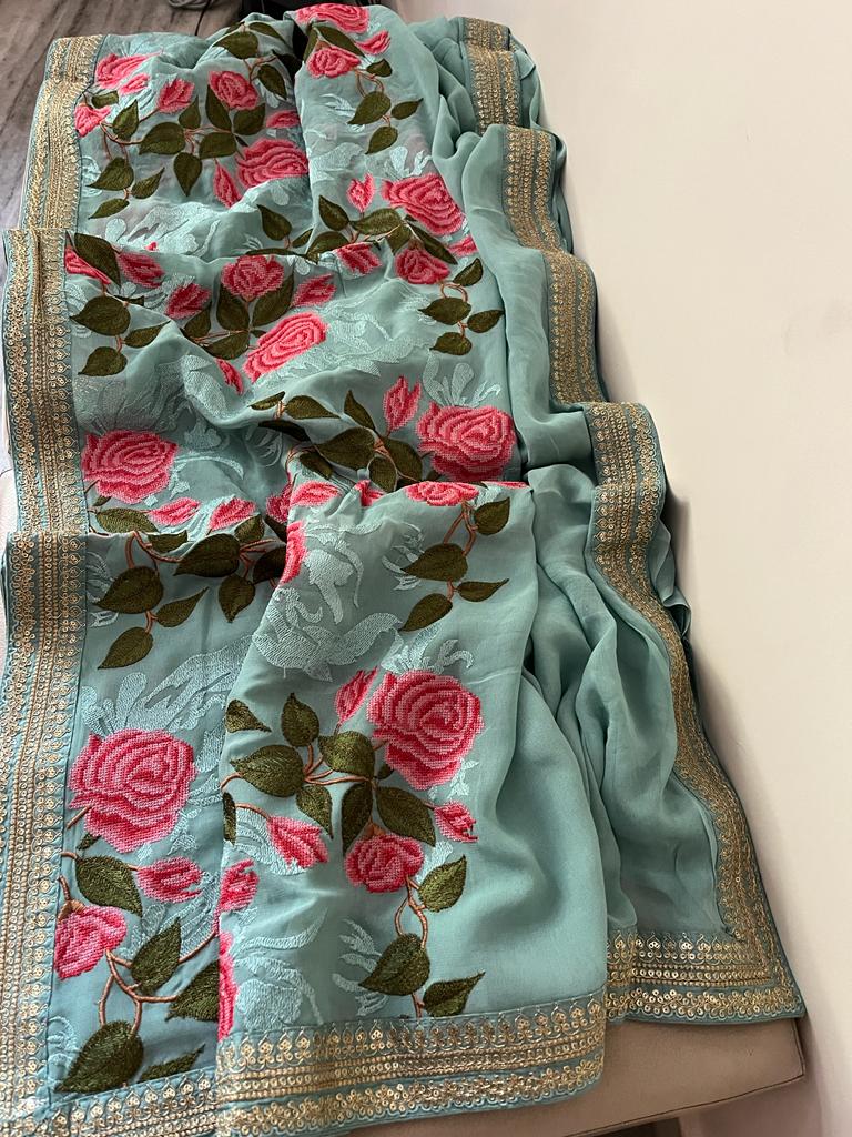 Lavita gorgette embroidery saree - Saffronfashionindia