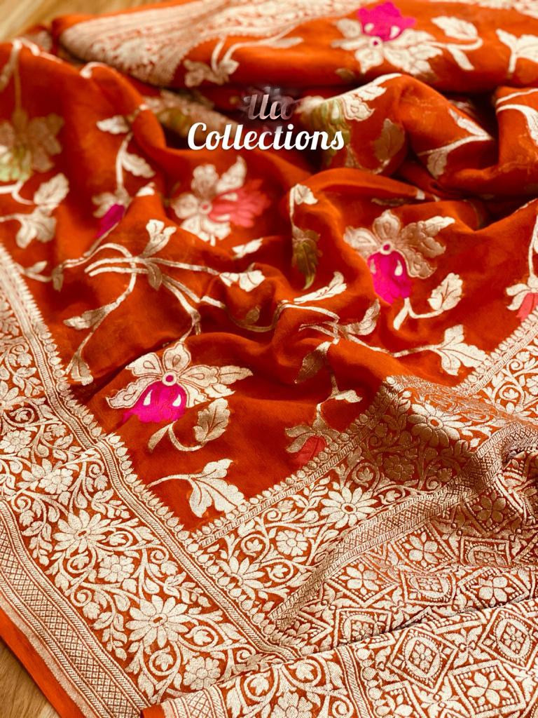 Orange handwoven Banarsi saree - Saffronfashionindia