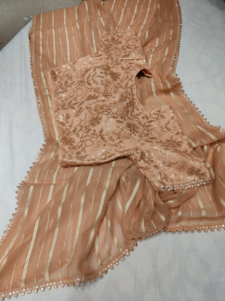 Bezil striped gorgette saree - Saffronfashionindia