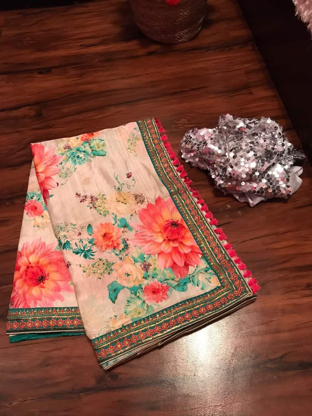 Floral Russian silk crepe saree - Saffronfashionindia