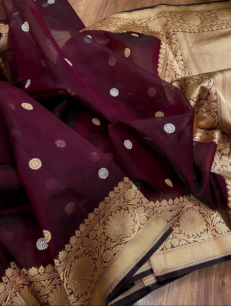 Maroon banarsi kora saree - Saffronfashionindia