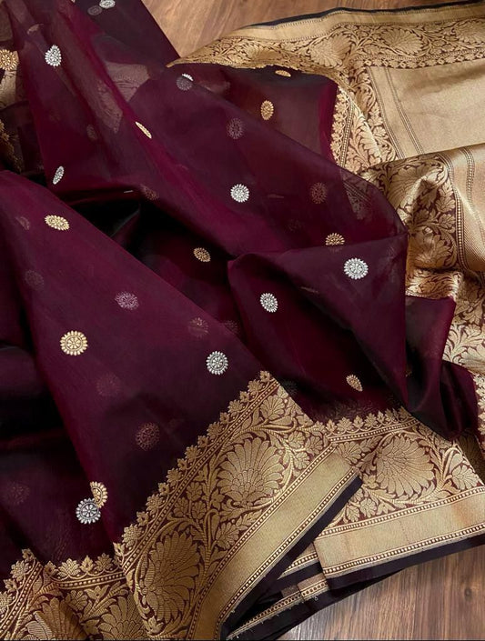 Maroon banarsi kora saree - Saffronfashionindia