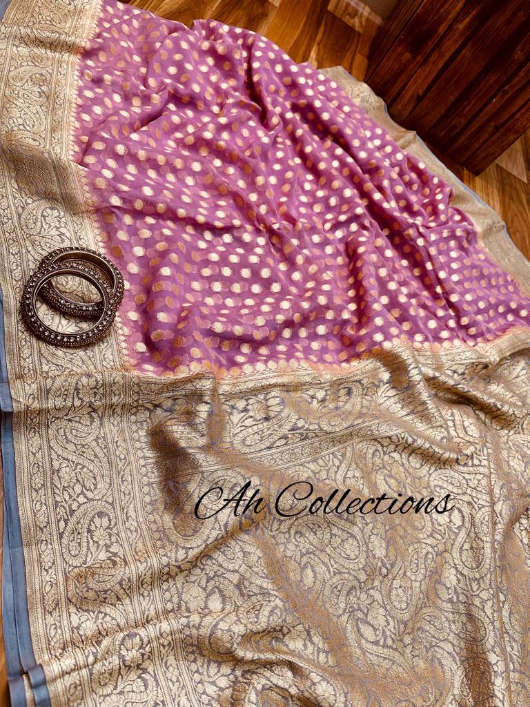 Pink Banarsi handwoven saree - Saffronfashionindia
