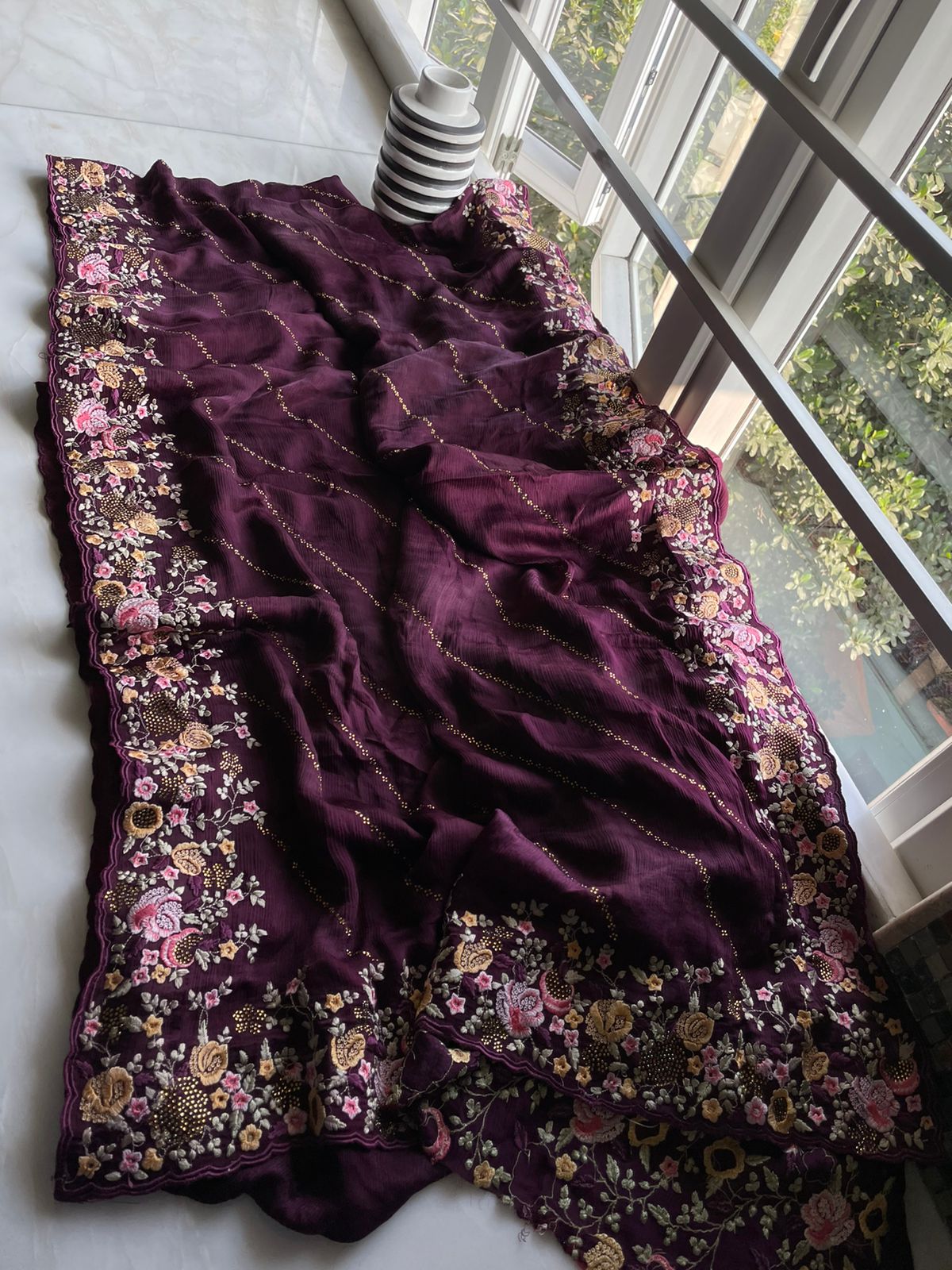 Crepe Embroidery saree - Saffronfashionindia