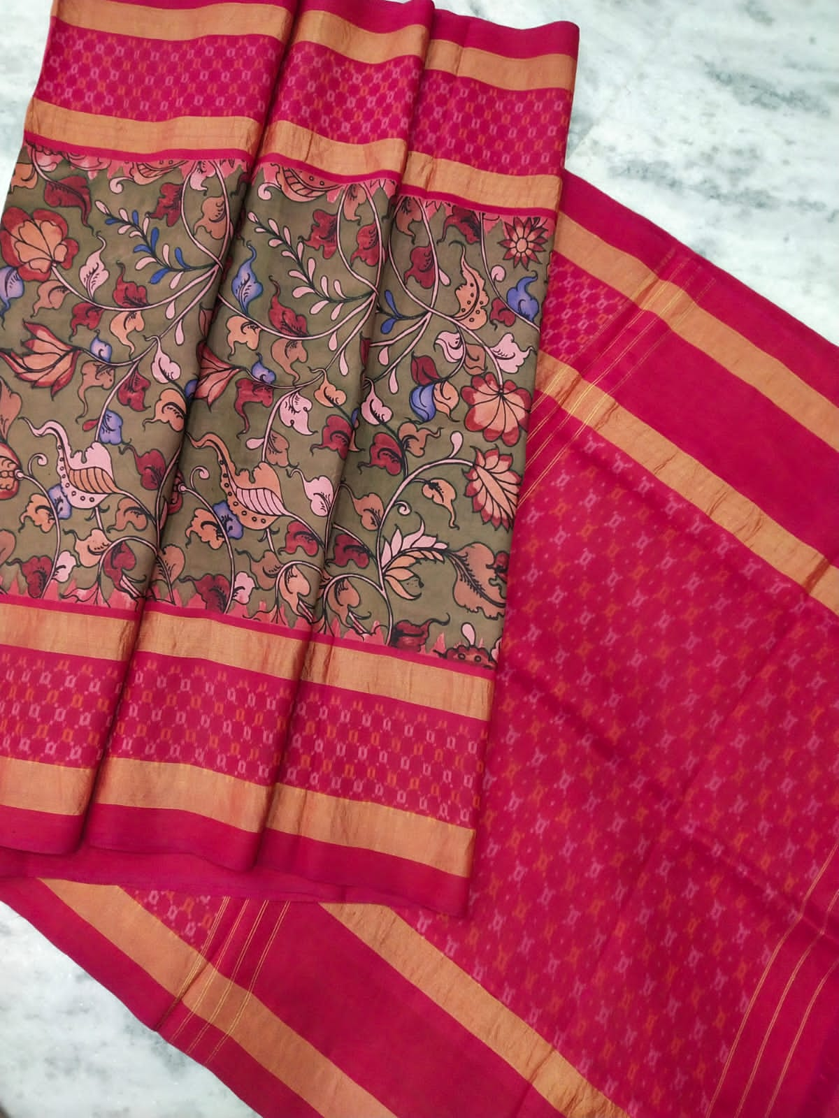 Maheshwari Tissue Silk / Cotton Kalamkari Printed Kanchi Border Saree With  Blouse | Silk cotton sarees, Saree, Cotton saree