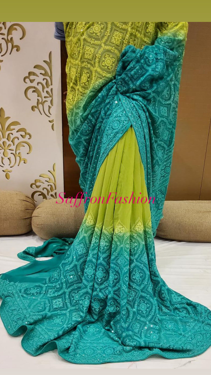 Gorgette Chikankari saree - Saffronfashionindia