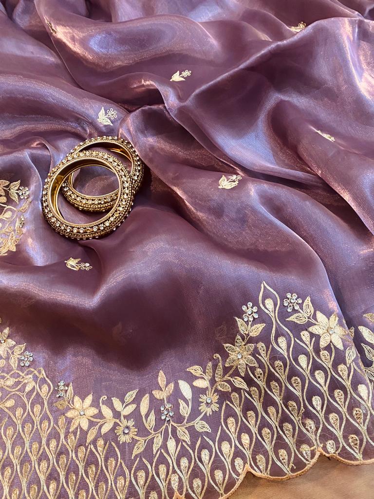 Purple tissue silk sari - Saffronfashionindia
