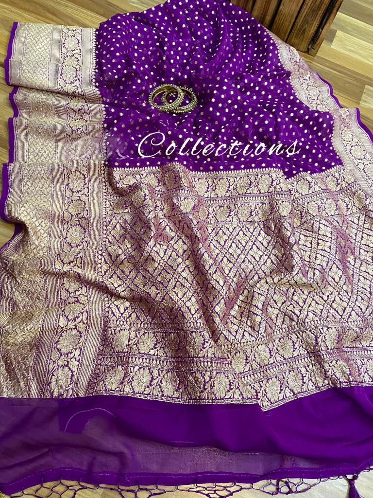 Handwoven Banarsi purple gorgette saree - Saffronfashionindia