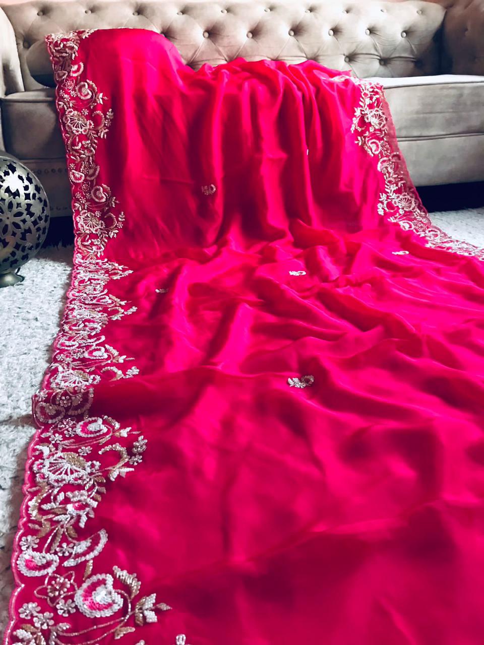 Feather pink organza saree - Saffronfashionindia