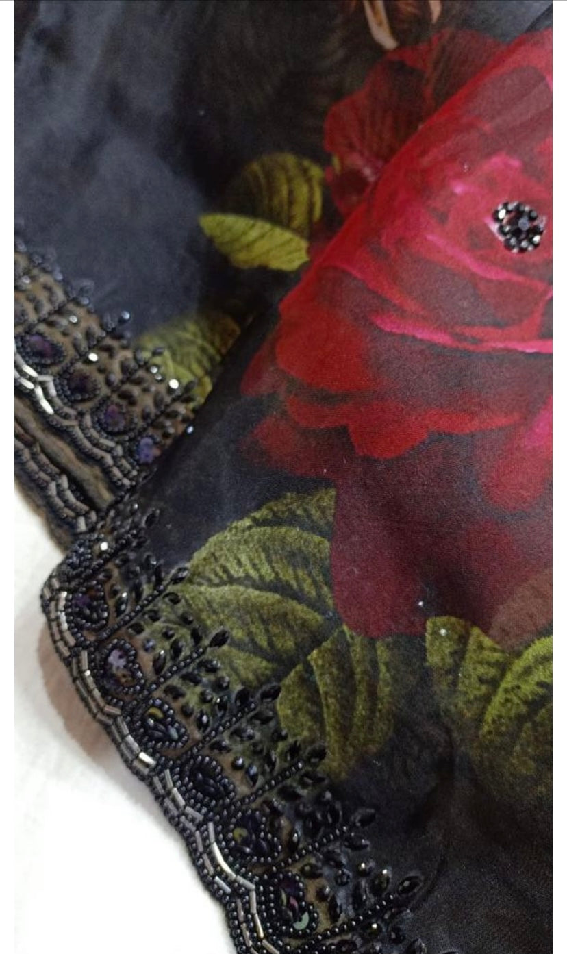 Black floral saree - Saffronfashionindia