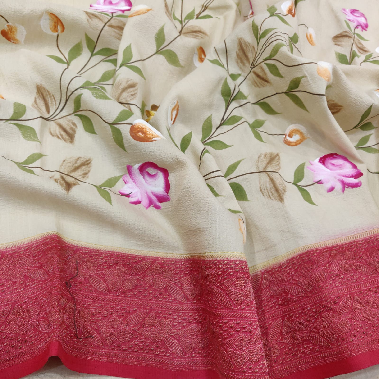 Floral tussar handwoven saree - Saffronfashionindia