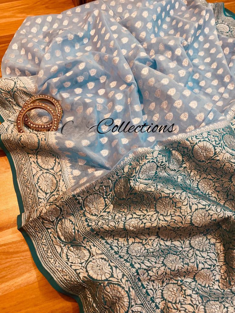 Noshina blue khaddi gorgette saree - Saffronfashionindia