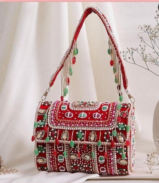 Beaded red flap purse partywear bag - Saffronfashionindia