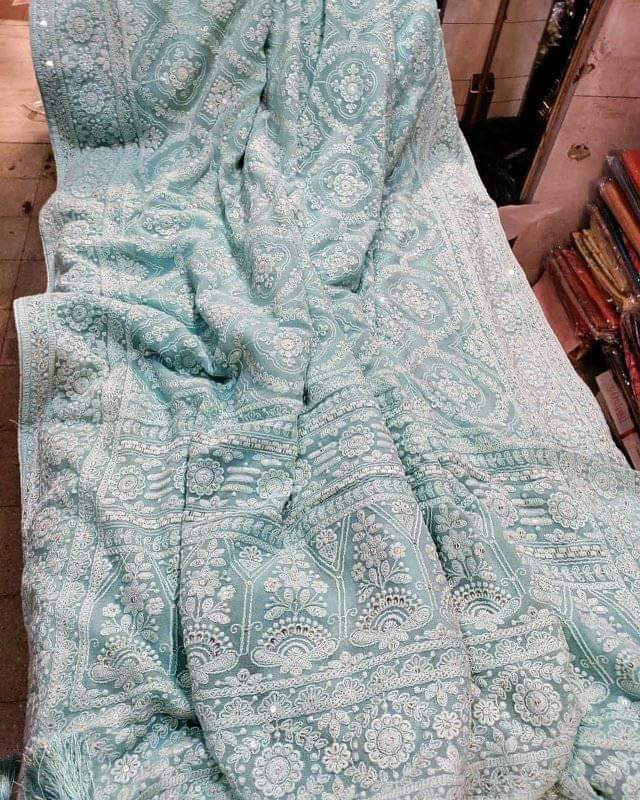 Jalebi inspired embroidered Chikankari saree - Saffronfashionindia