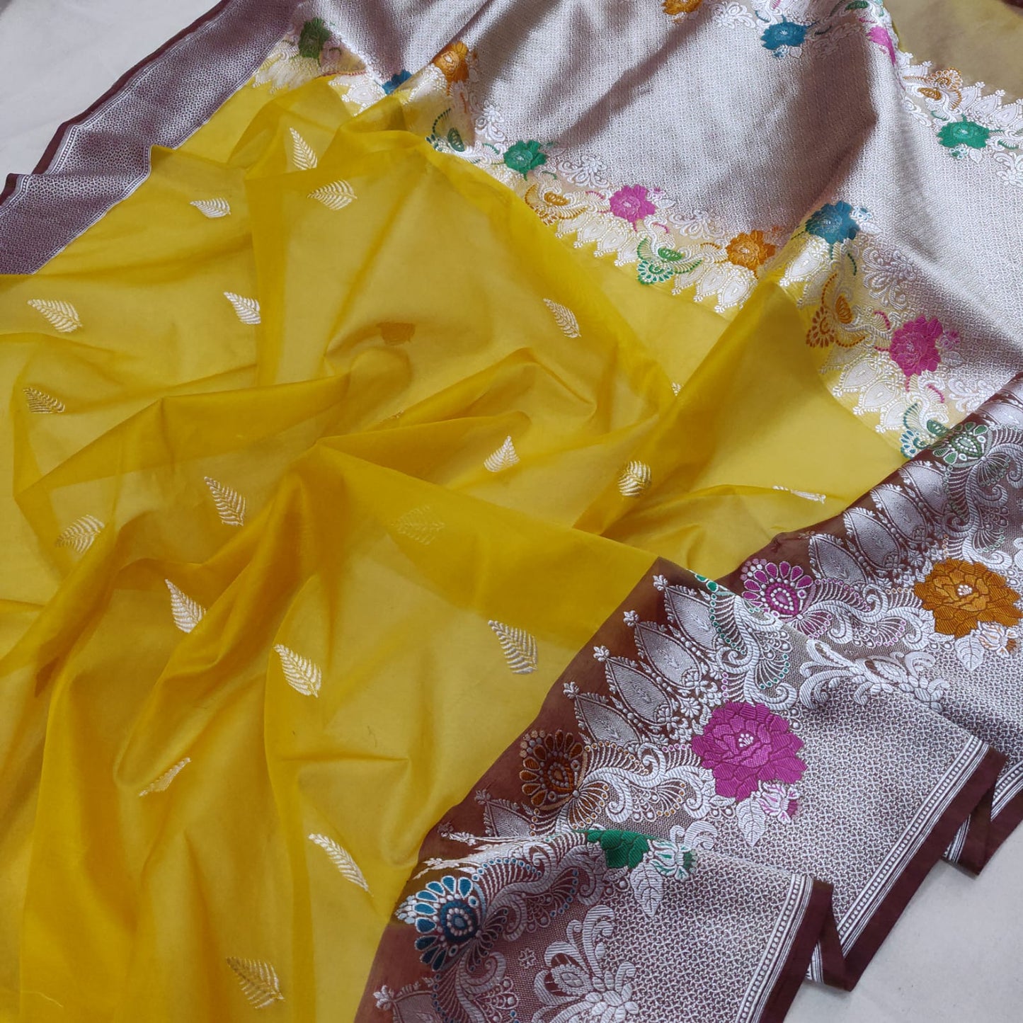 Mustard kora handwoven saree - Saffronfashionindia