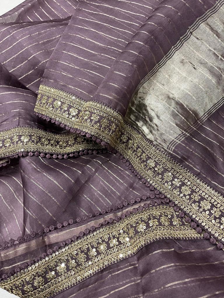 Striped zari organza saree - Saffronfashionindia