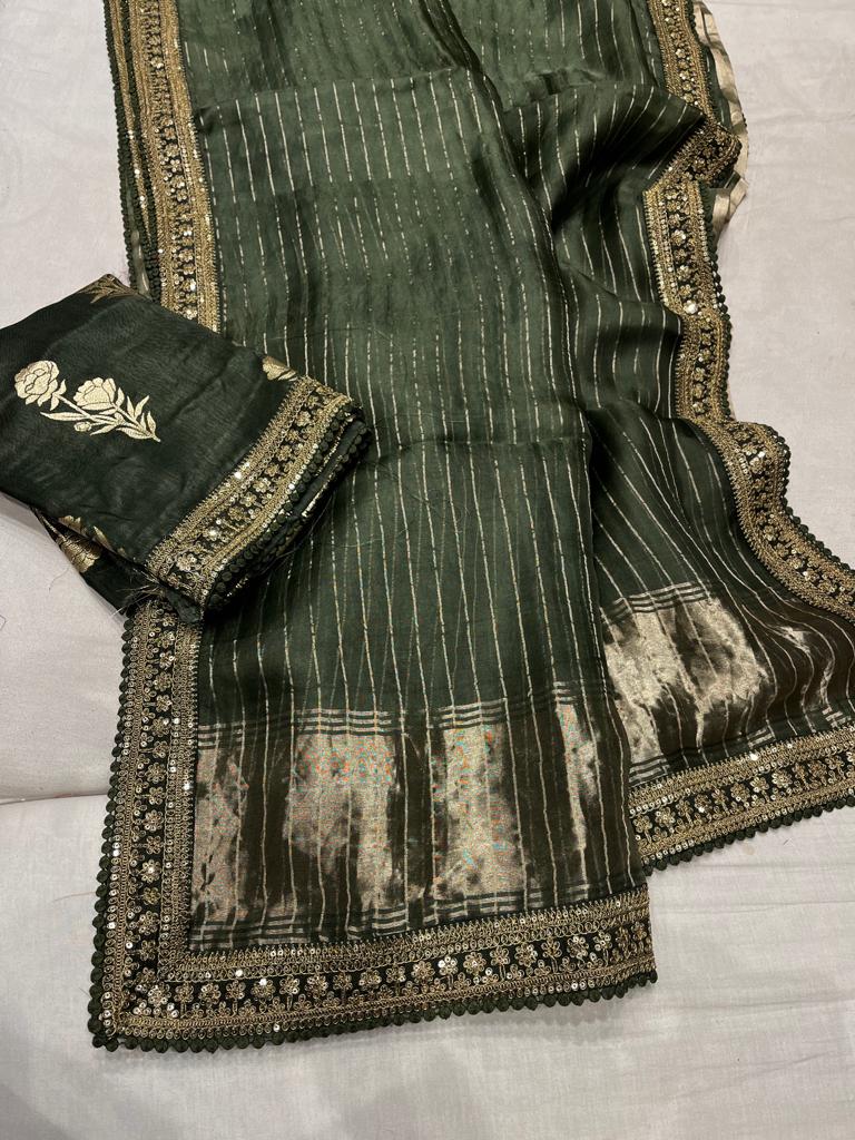 Striped zari organza saree - Saffronfashionindia