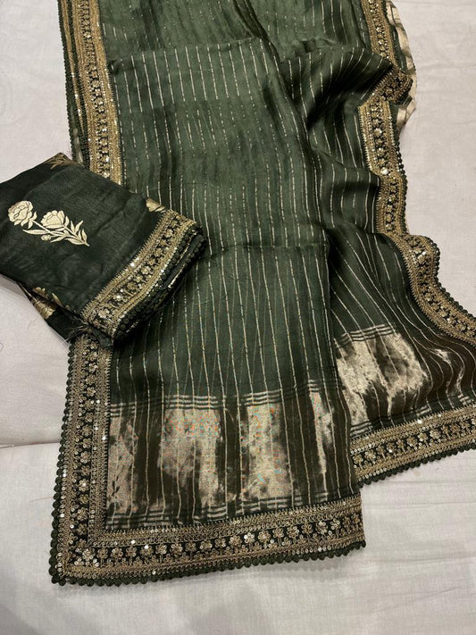 Striped zari organza saree - Saffronfashionindia