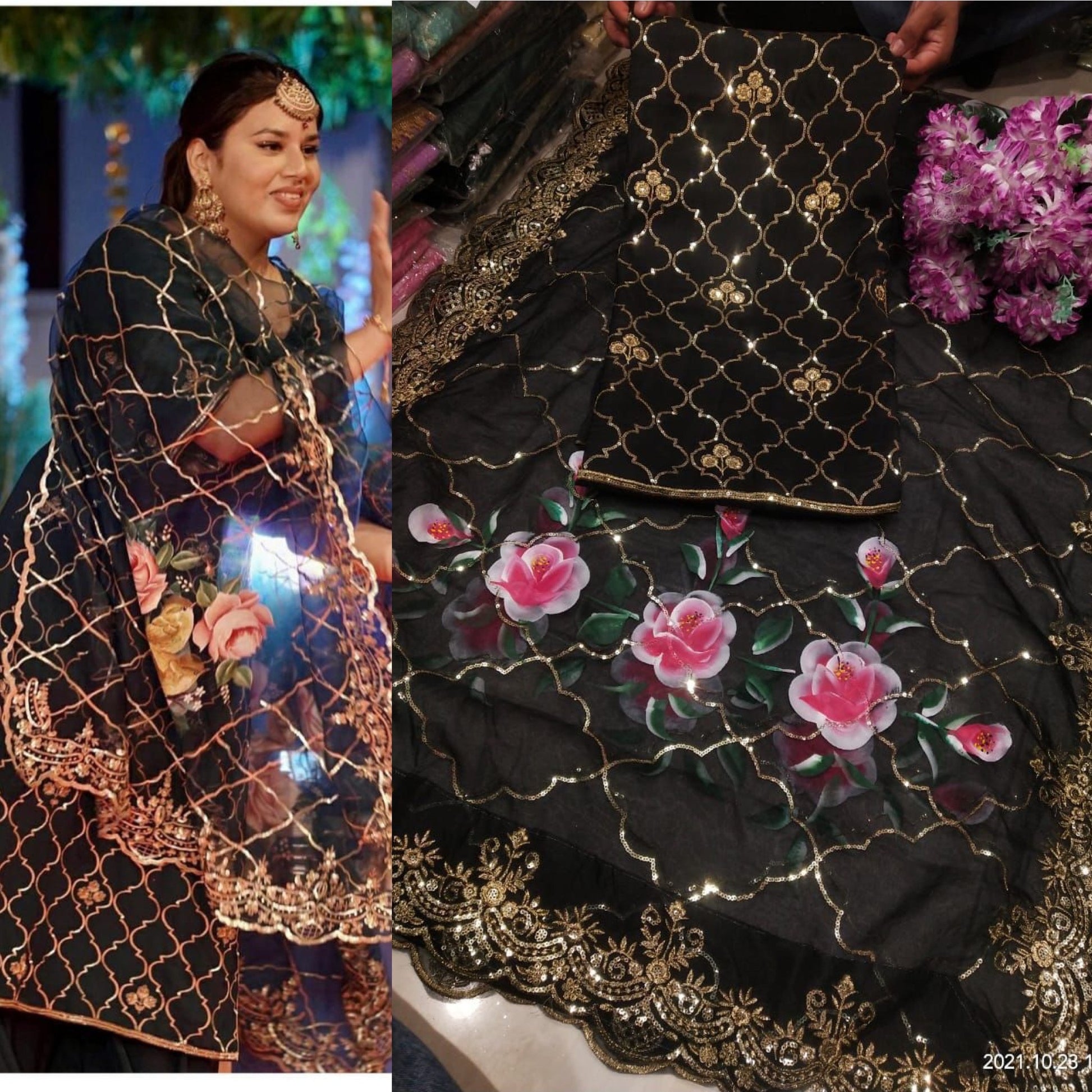 Floral black punjabi suit - Saffronfashionindia