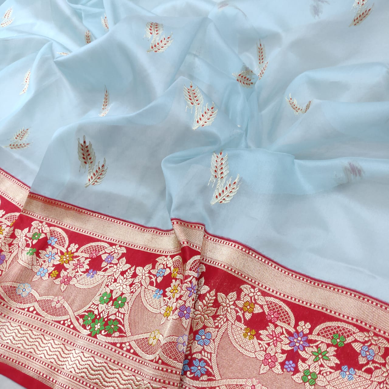 Aasmani kora handwoven saree - Saffronfashionindia