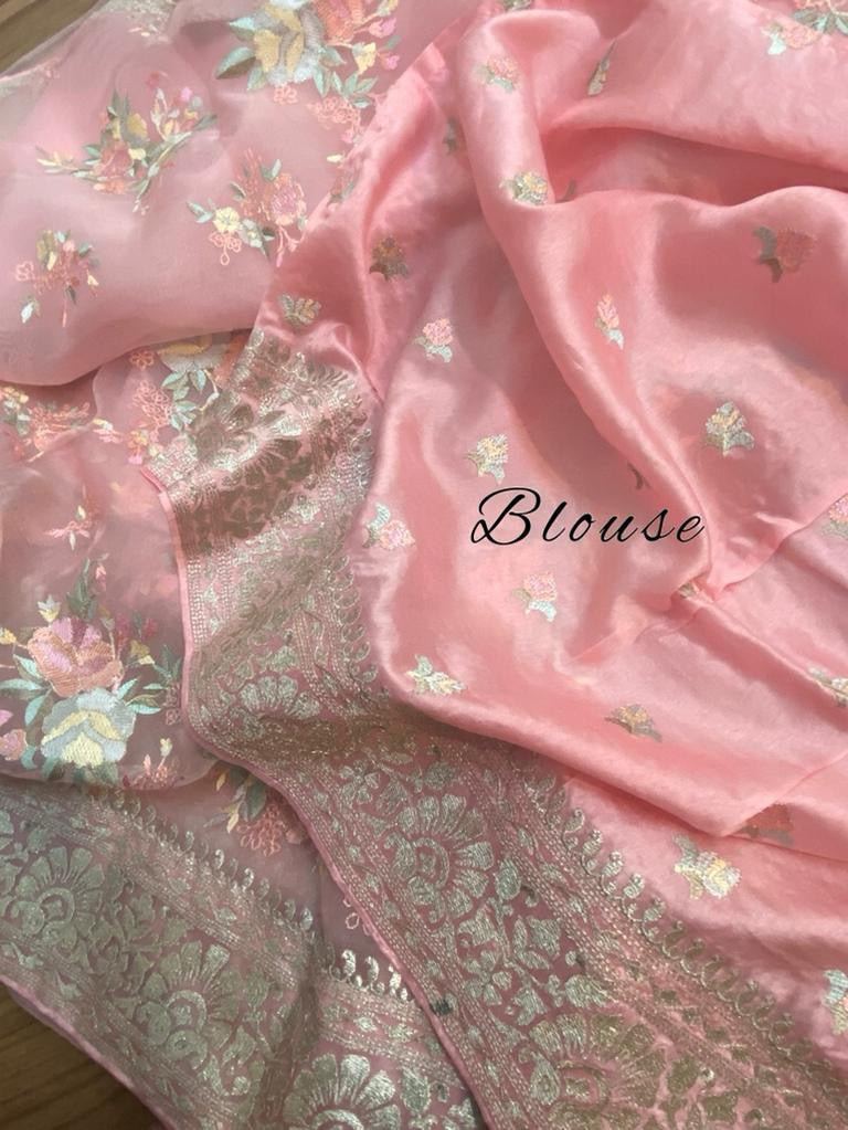 Pink organza embroidery saree - Saffronfashionindia