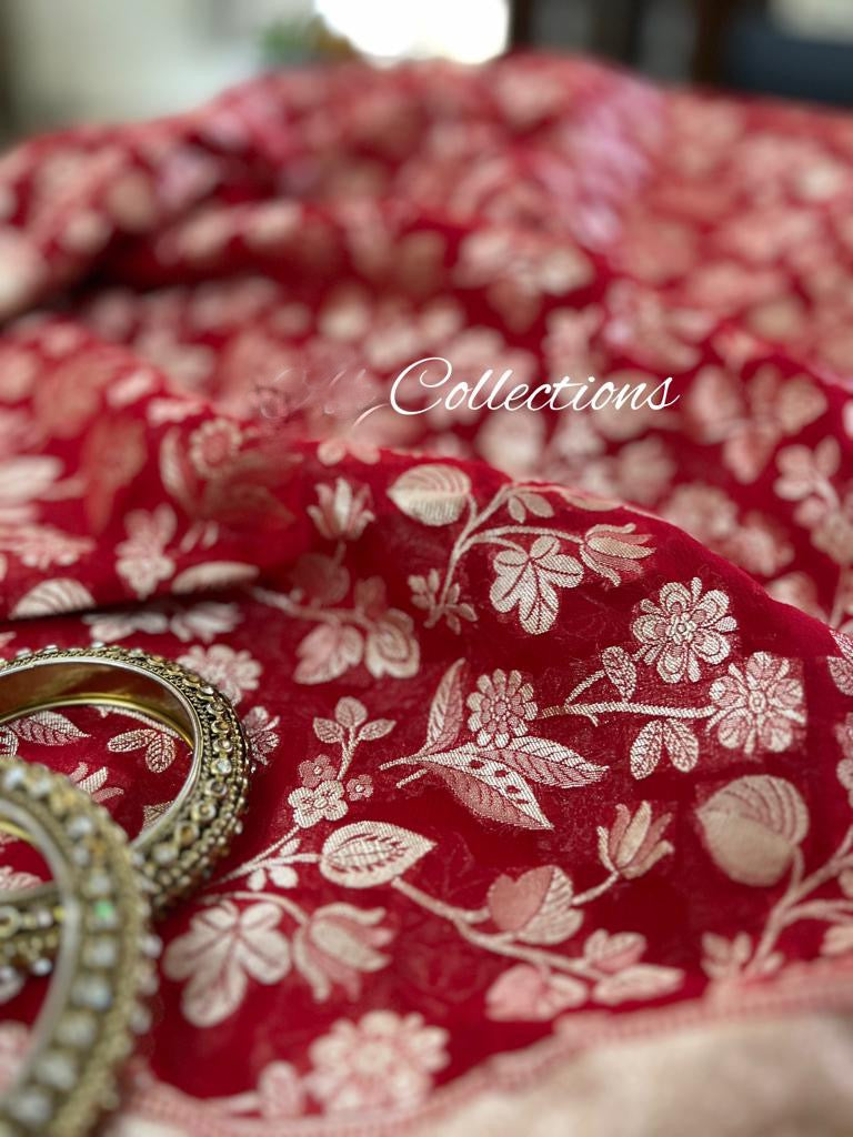 Leela red Banarsi weave saree - Saffronfashionindia