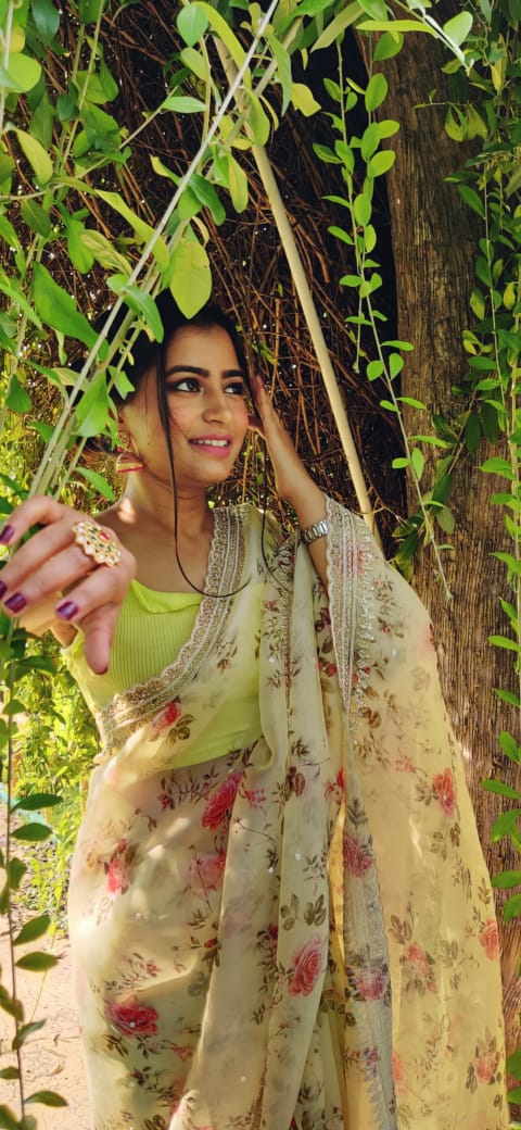 Lime floral organza saree - Saffronfashionindia