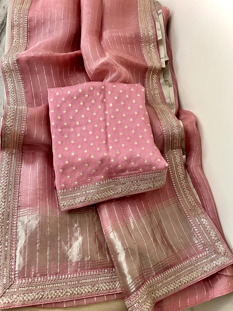 Ruhafza striped organza sequins saree party wear saree blouse - Saffronfashionindia