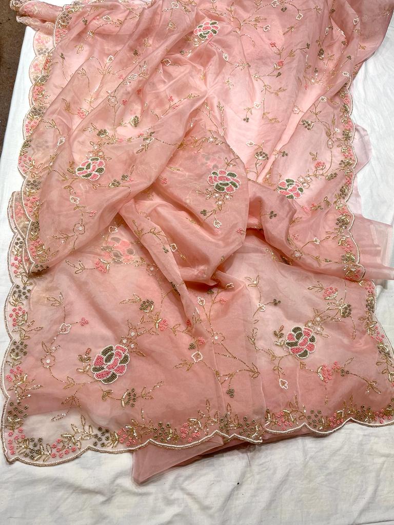 Pearl organza zardosi saree - Saffronfashionindia