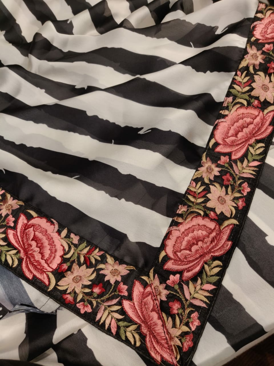 Striped satin floral saree - Saffronfashionindia