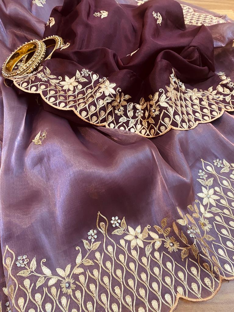 Purple tissue silk sari - Saffronfashionindia